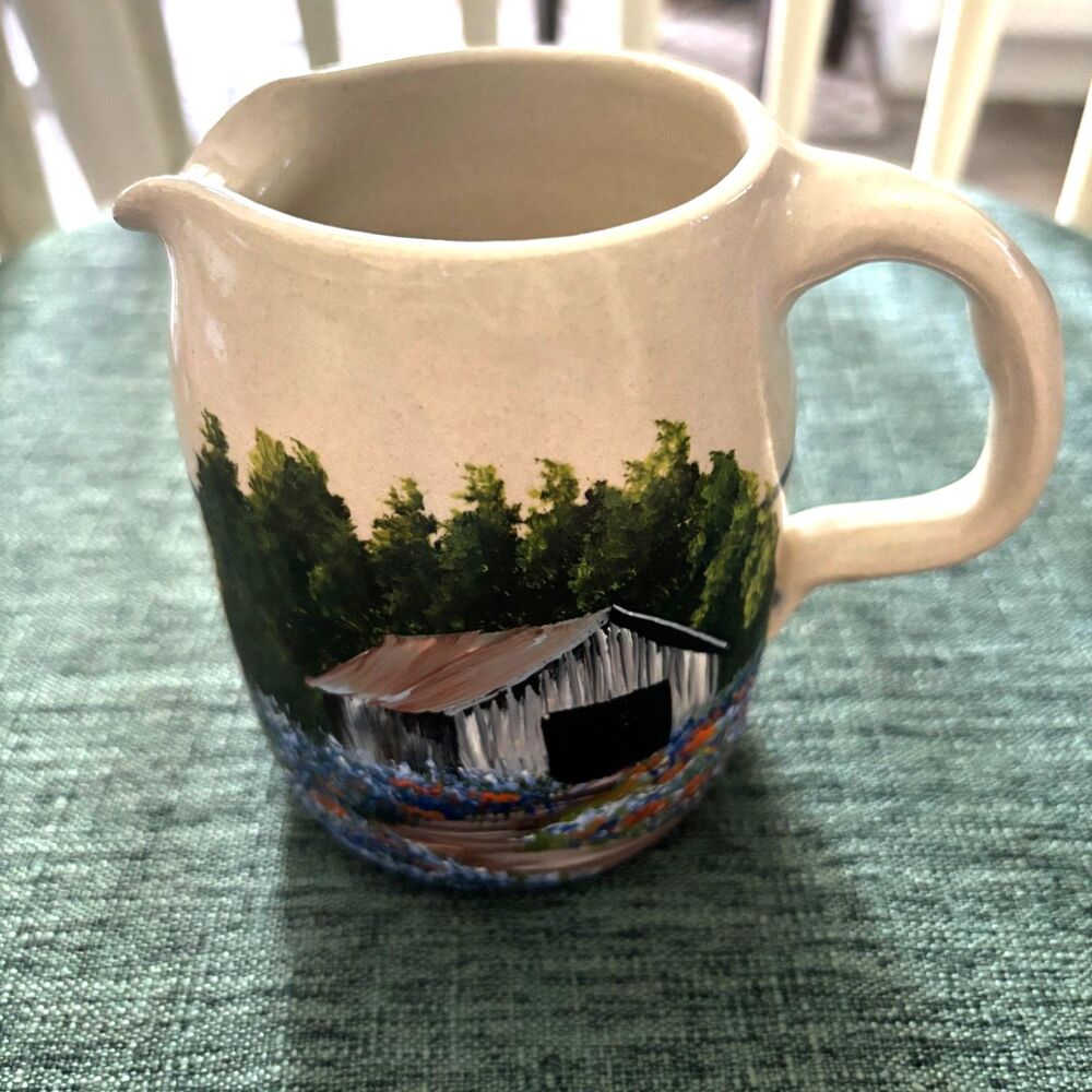 Casey Pottery Hand Painted Covered Bridge Creamer Pitcher Marshall Texas 4.5"